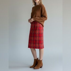 Vintage Elliot Lauren Pink Orange Plaid tartan Wool Skirt Size 2 USA Knee Length
